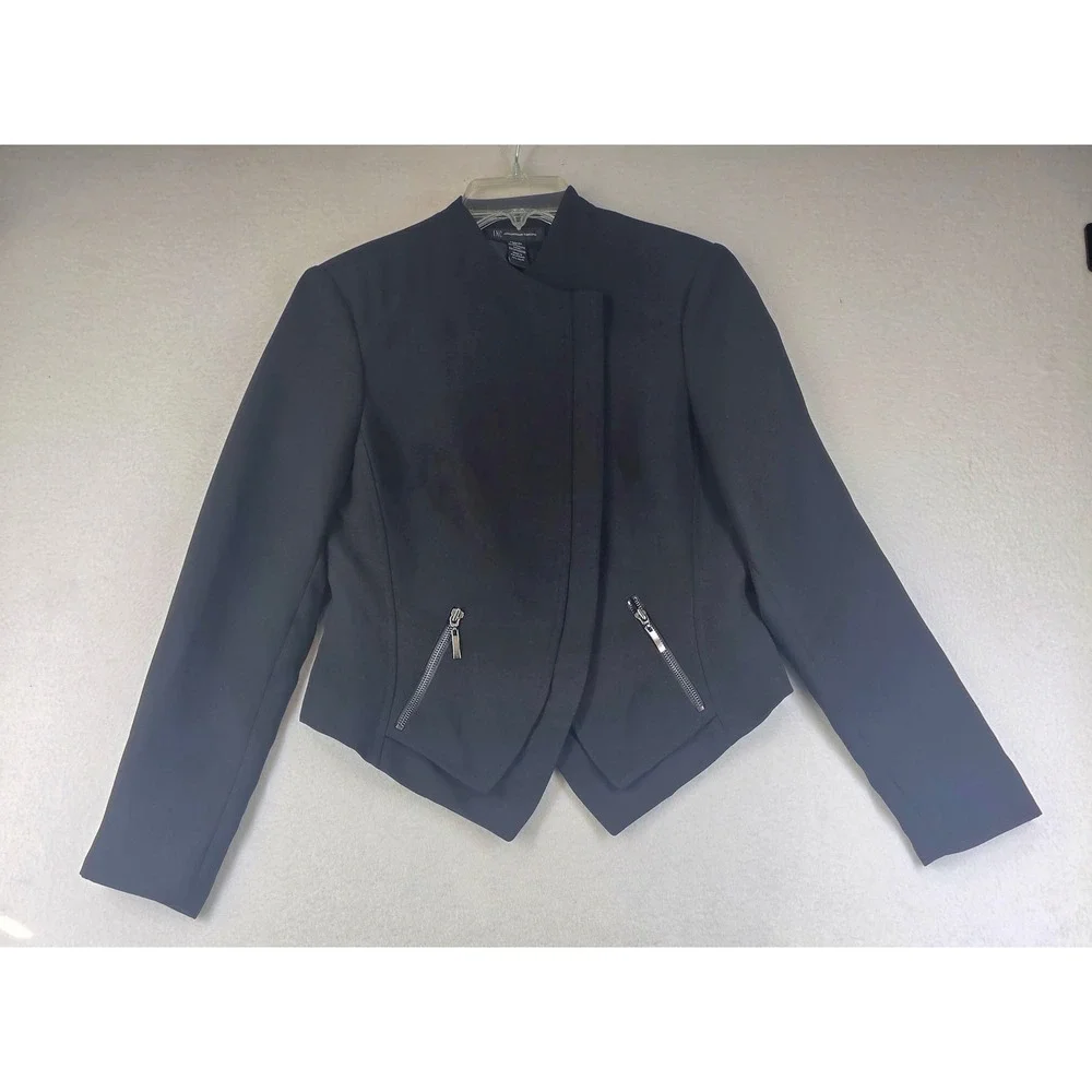 INC International Concepts Womens Black Asymmetrical Zip Cropped Blazer Jacket M
